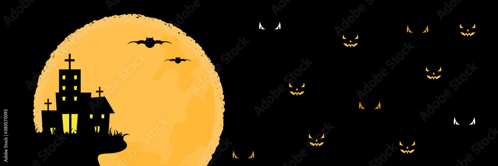 Big full moon behide cemetery and monster eyes with dark background vector illustration 