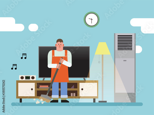 거실. 인테리어. 청소. 집안일. 벡터 일러스트레이션