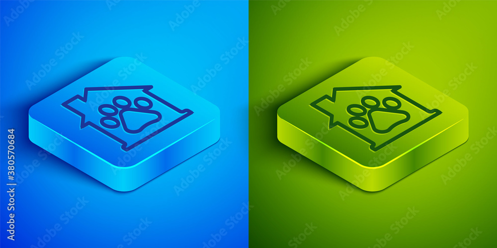 Isometric line Pet house icon isolated on blue and green background. Square button. Vector. Isometric line Pet house icon isolated on blue and green background. Square button. Vector.
