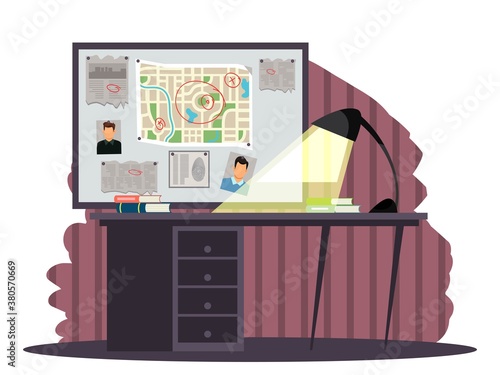 Room for investigating crime background. Searching man and evidence by detective agent or spy. Police detective work vector illustration. Front view of board with map, newspaper cuts, photograph