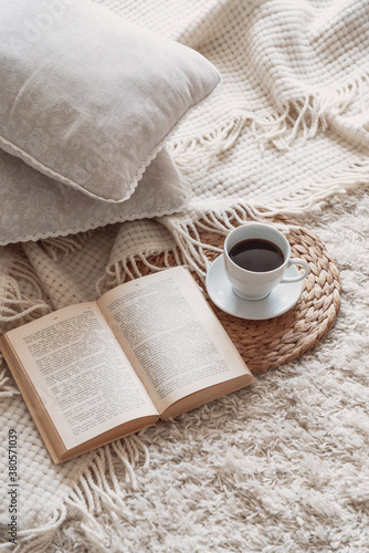 Cup of coffee with book on sofa in living room
