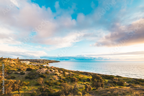 Panoramic view of Hallett Cove suburb with beach and houses at sunset, South Australia