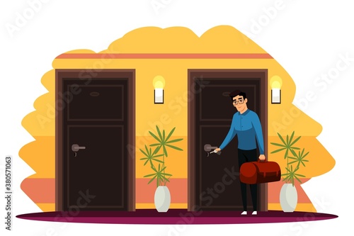Man entering room with key in hotel. Guy standing with luggage at door in hall. Happy holiday vacation vector illustration. People staying at modern hotel, travel indoor scene