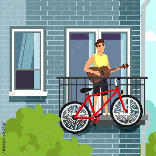 Man playing guitar on balcony. Happy young guy playing a song, standing with bycicle. Safe quarantine relaxing hobby vector illustration. City apartment view from street