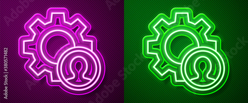 Glowing neon line Head hunting icon isolated on purple and green background. Business target or Employment sign. Human resource and recruitment for business. Vector.