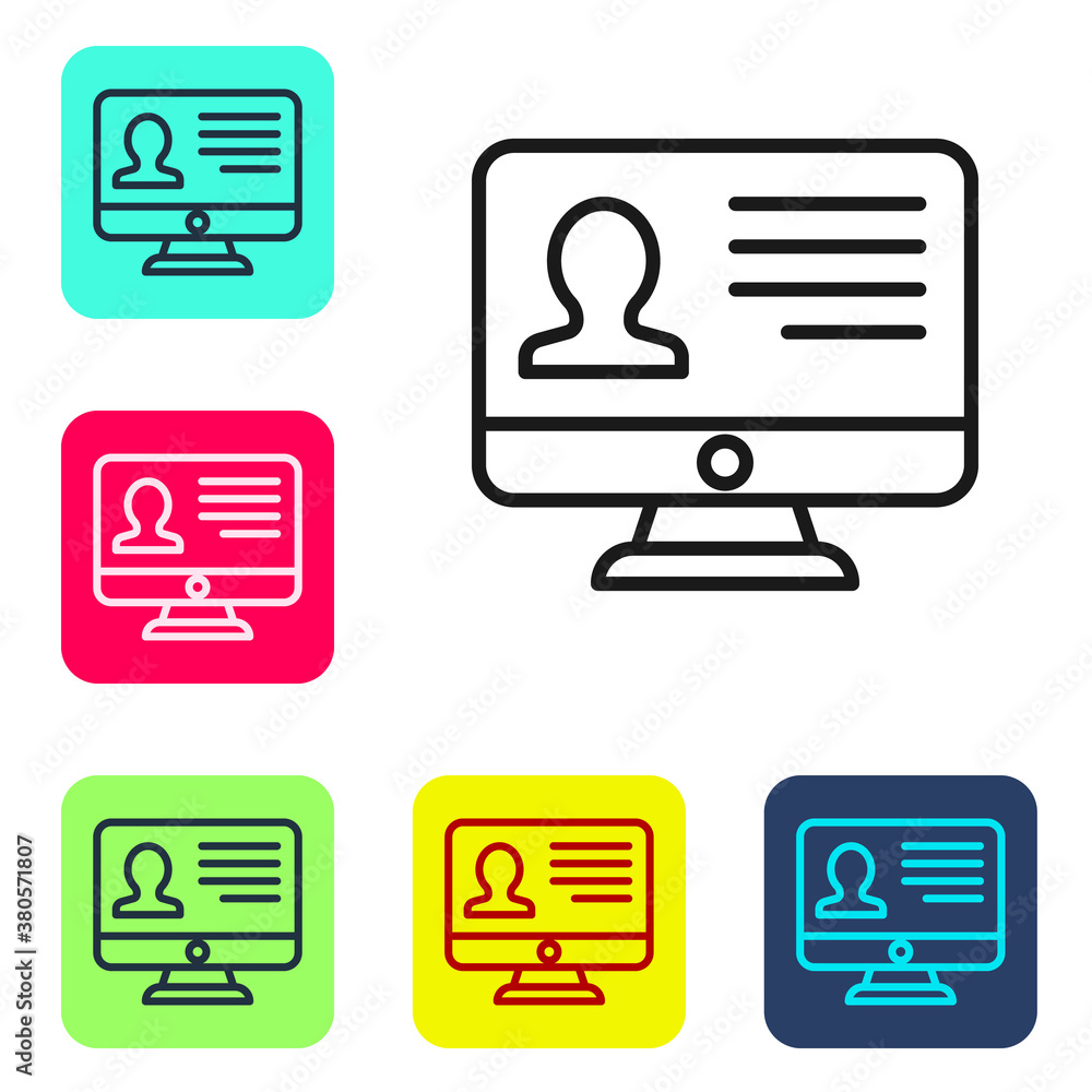Black line Computer monitor with resume icon isolated on white background. CV application. Searching professional staff. Analyzing personnel resume. Set icons in color square buttons. Vector. Black line Computer monitor with resume icon isolated on white background. CV application. Searching professional staff. Analyzing personnel resume. Set icons in color square buttons. Vector.