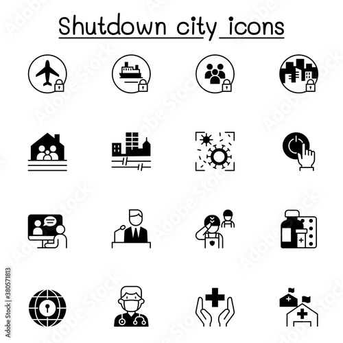 Set of Lock down city from virus crisis related vector icons. contains such Icons as Shutdown city, state quarantine, flight cancellation, business closed, and more.