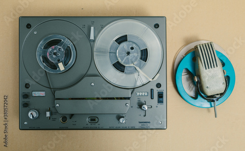 Vintage tape deck and microphone