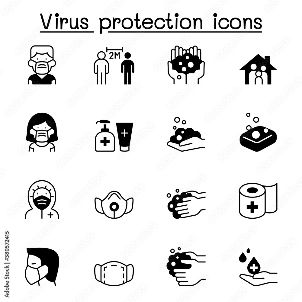Set of Virus protection icons. contains such Icons as, social distancing, mask, hand washing, stay home and more. Set of Virus protection icons. contains such Icons as, social distancing, mask, hand washing, stay home and more.