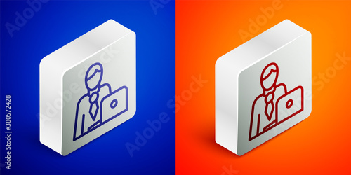 Isometric line Businessman icon isolated on blue and orange background. Business avatar symbol user profile icon. Male user sign. Silver square button. Vector.