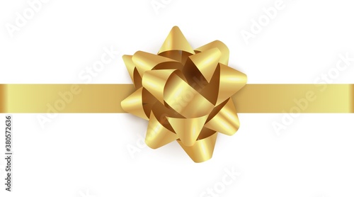 Gold gift bow with ribbon. Realistic golden glowing xmas bow template. Vector christmas illustration.