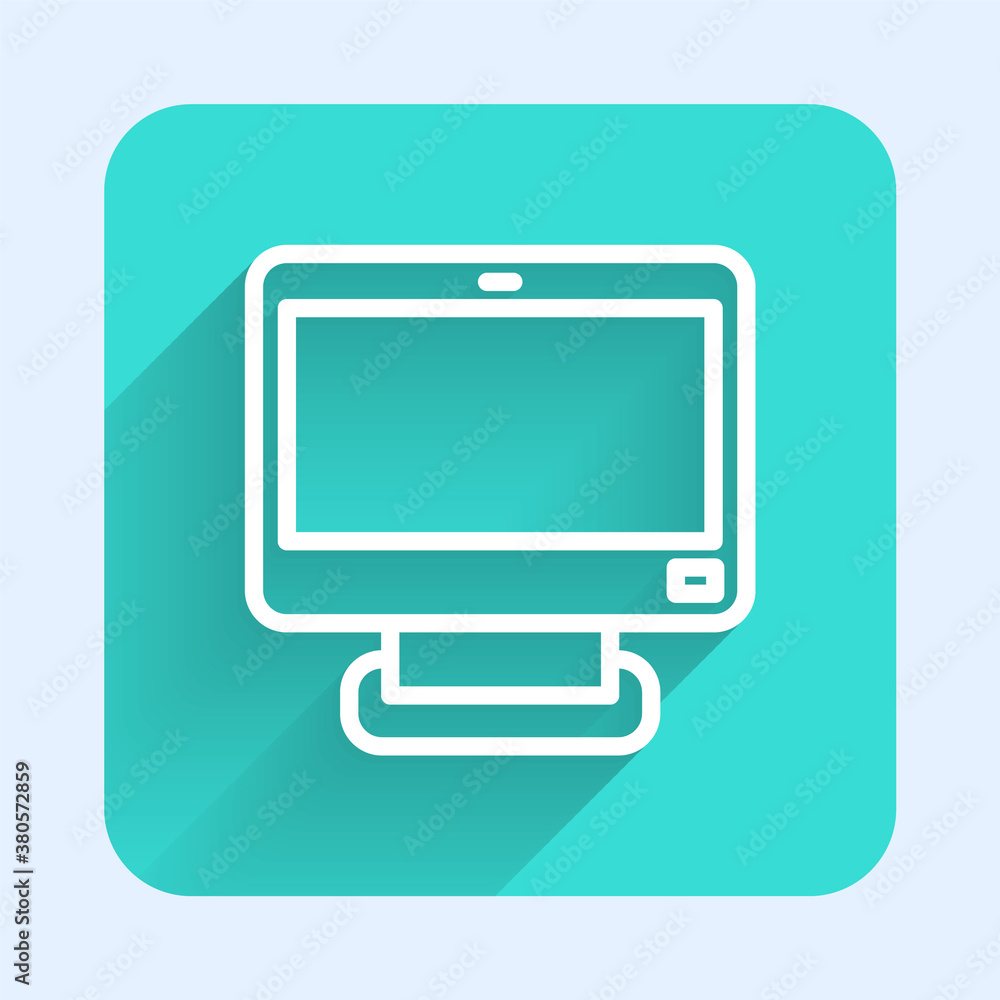 White line Computer monitor screen icon isolated with long shadow. Electronic device. Front view. Green square button. Vector. White line Computer monitor screen icon isolated with long shadow. Electronic device. Front view. Green square button. Vector.