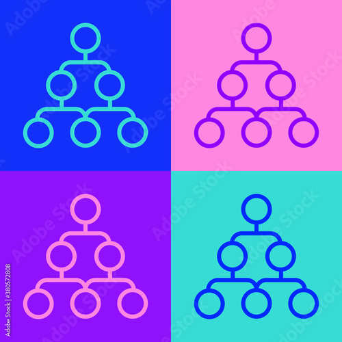 Pop art line Business hierarchy organogram chart infographics icon isolated on color background. Corporate organizational structure graphic elements. Vector.