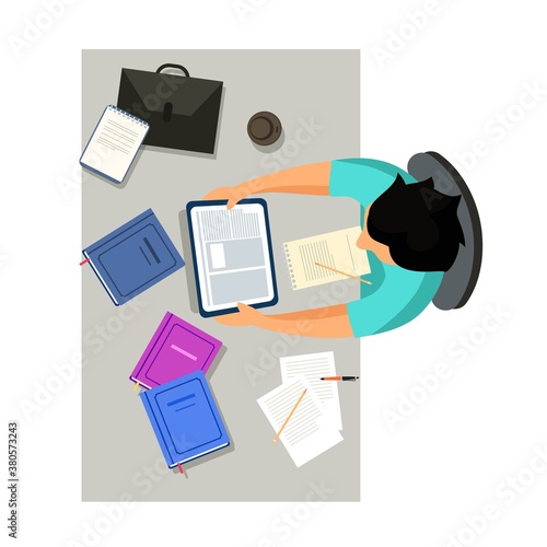 Man working in workspace. Male studying at desk with laptops and books in university campus, cafe or office workplace. Business interior design vector illustration