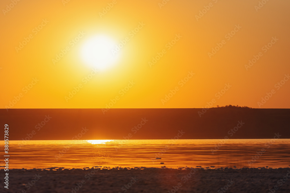 Sunset river horizon silhouette branch landscape. River sunset horizon