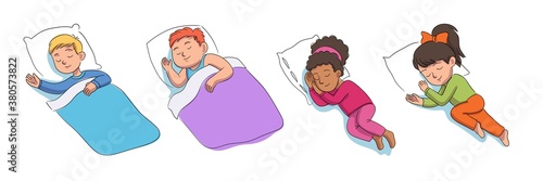 Children sleeping in beds set. Little boys and girls lying under blankets on white pillows in bedroom. Asleep at night dreaming. Happy childhood at bedtime vector illustration