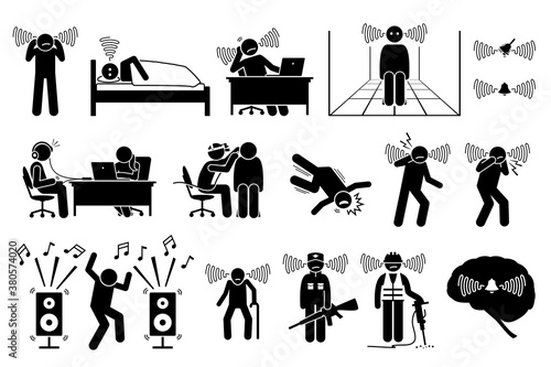Tinnitus ear ringing noise in people icons. Vector illustrations of a man having tinnitus and experiencing a noisy sound in the ears.