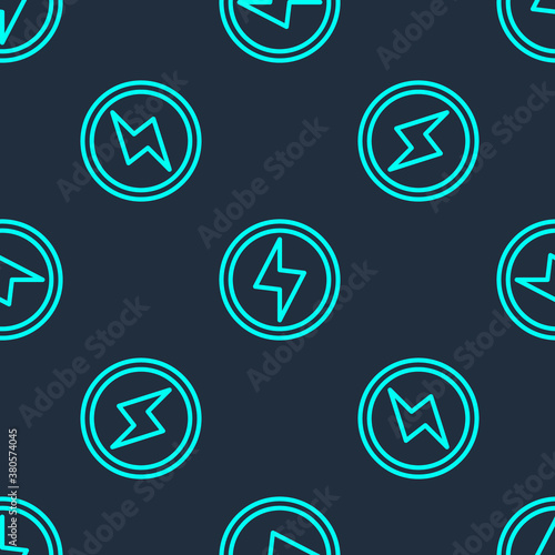 Green line Lightning bolt icon isolated seamless pattern on blue background. Flash sign. Charge flash icon. Thunder bolt. Lighting strike. Vector.
