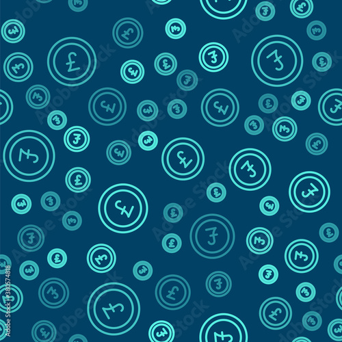 Green line Coin money with pound sterling symbol icon isolated seamless pattern on blue background. Banking currency sign. Cash symbol. Vector.