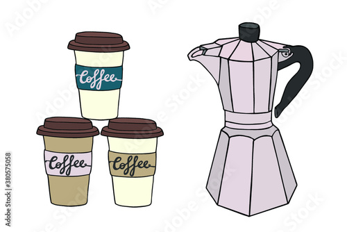 Coffee cups and coffee maker. Vector illustration sketch