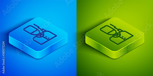 Obraz na plátně Isometric line British guardsman with bearskin hat marching icon isolated on blue and green background