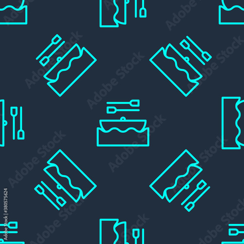 Green line Boat with oars icon isolated seamless pattern on blue background. Water sports, extreme sports, holiday, vacation, team building. Vector.
