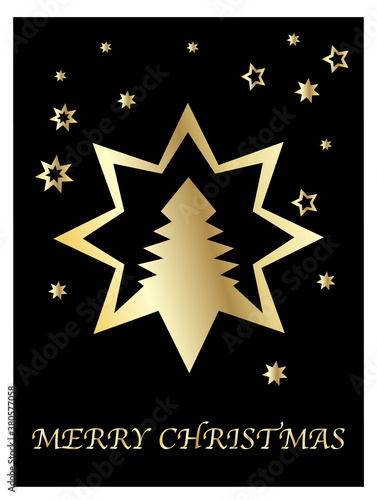 gold snowflakes and stars and Christmas tree on black background