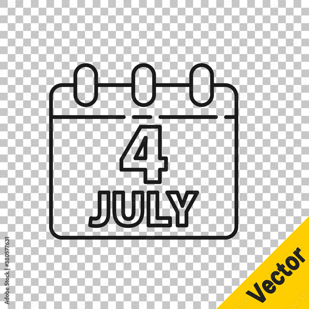 Black line Day calendar with date July 4 icon isolated on transparent background. USA Independence Day. 4th of July. Vector. Black line Day calendar with date July 4 icon isolated on transparent background. USA Independence Day. 4th of July. Vector.