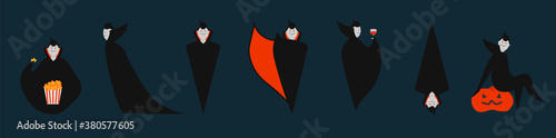 Set of dracula character in different pose for Halloween. Costume for masquerade. Cute flat vector illustration on isolated background.