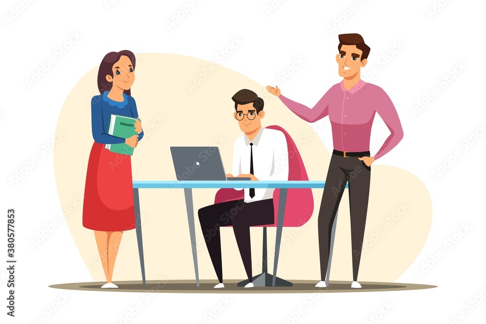 Business meeting brainstorming. Team of people working at office vector illustration. Corporate communication. Men and women sitting and standing, negotiating, discussing presentation