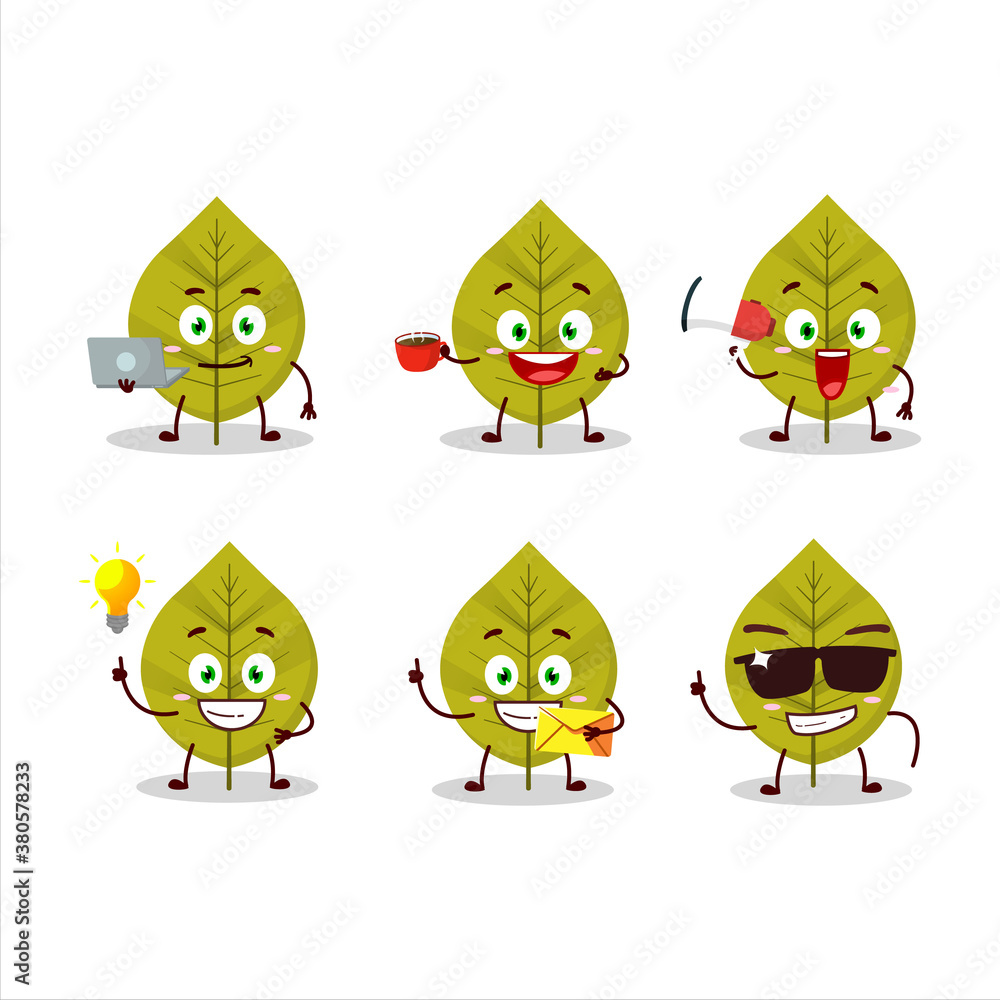 Green leaves cartoon character with various types of business emoticons