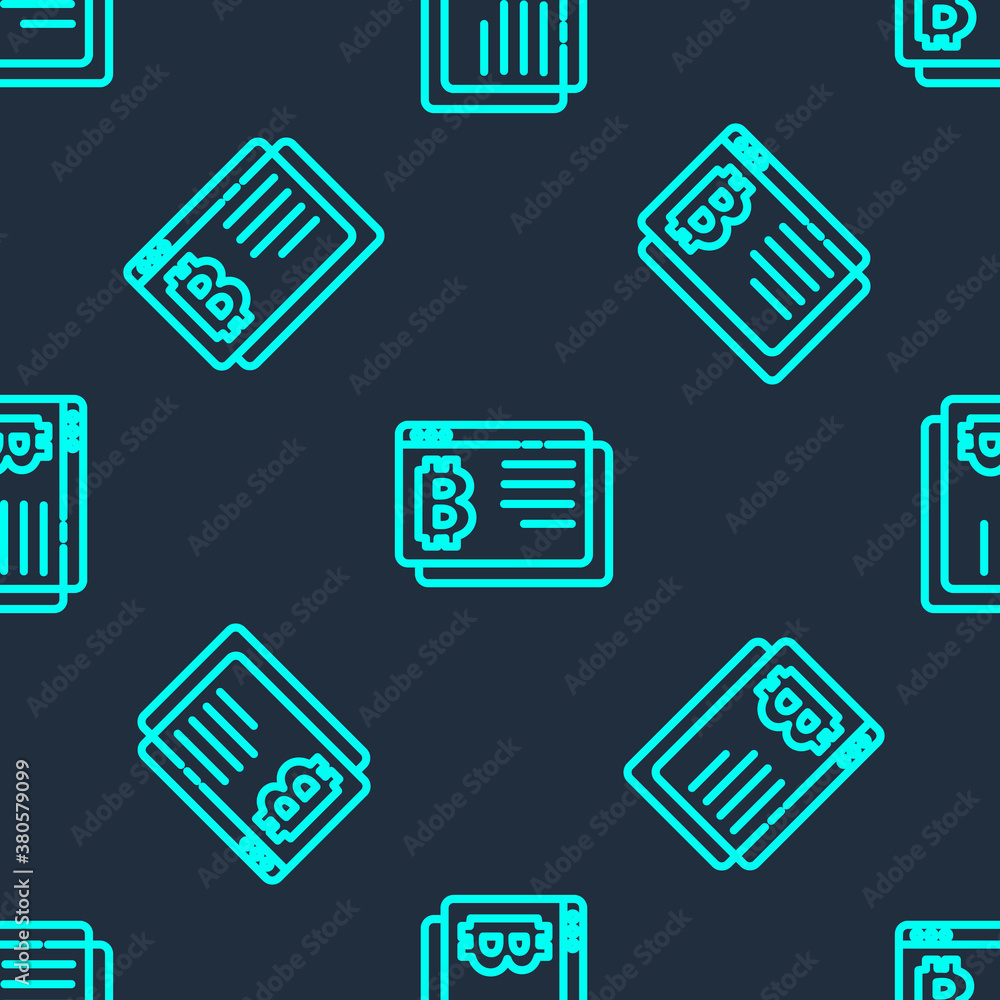 Green line Cryptocurrency coin Bitcoin icon isolated seamless pattern on blue background. Physical bit coin. Blockchain based secure crypto currency. Vector. Green line Cryptocurrency coin Bitcoin icon isolated seamless pattern on blue background. Physical bit coin. Blockchain based secure crypto currency. Vector.