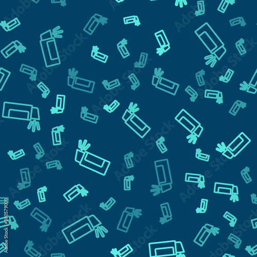 Green line Pepper spray icon isolated seamless pattern on blue background. OC gas. Capsicum self defense aerosol. Vector.