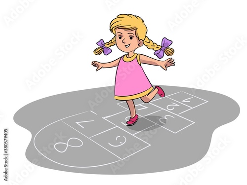 Kid playing hopscotch game outside. Happy girl hopping at playground. Fun active outdoor activity vector illustration. Numbers in chalk on pavement