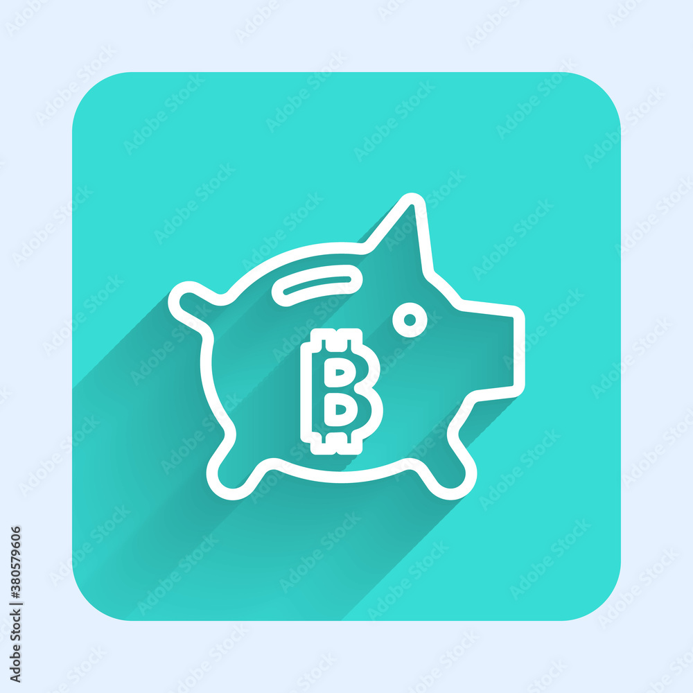 White line Piggy bank bitcoin icon isolated with long shadow. Icon saving or accumulation of money, investment. Green square button. Vector.