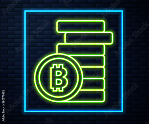 Glowing neon line Cryptocurrency coin Bitcoin icon isolated on brick wall background. Physical bit coin. Blockchain based secure crypto currency. Vector.