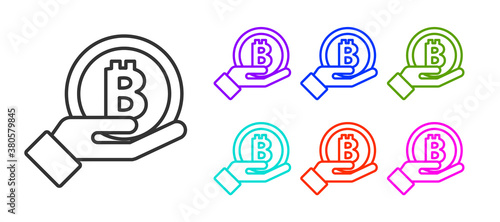 Black line Hand holding Bitcoin icon isolated on white background. Blockchain technology, digital money market, cryptocoin wallet. Set icons colorful. Vector.