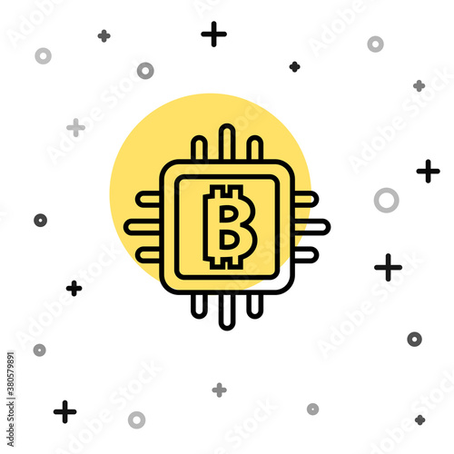 Black line CPU mining farm icon isolated on white background. Bitcoin sign inside processor. Cryptocurrency mining community. Digital money. Random dynamic shapes. Vector.
