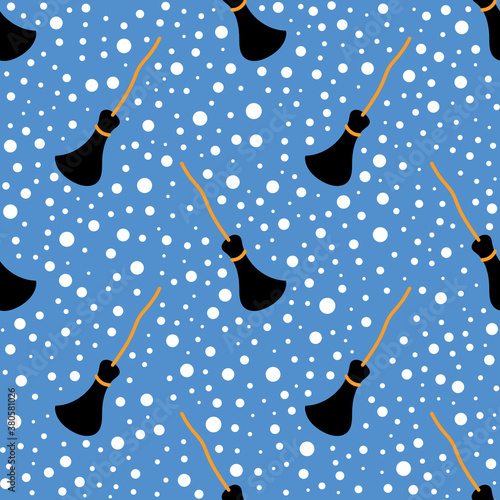 Cute colorful pattern with brooms and snow. Vector illustration great for festive background, decoration, cards, wallpaper, digital paper, wrapping paper, prints, fabrics, textile designs, etc.