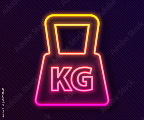 Glowing neon line Weight icon isolated on black background. Kilogram weight block for weight lifting and scale. Mass symbol. Vector.