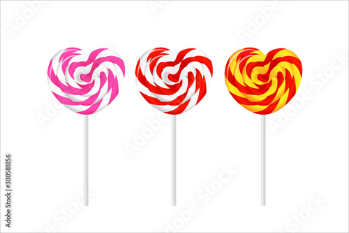 Colorful heart lollipops on white isolated. Vector illustration for Valentine's Day, wedding, Birthday and party. Vector set on white background.