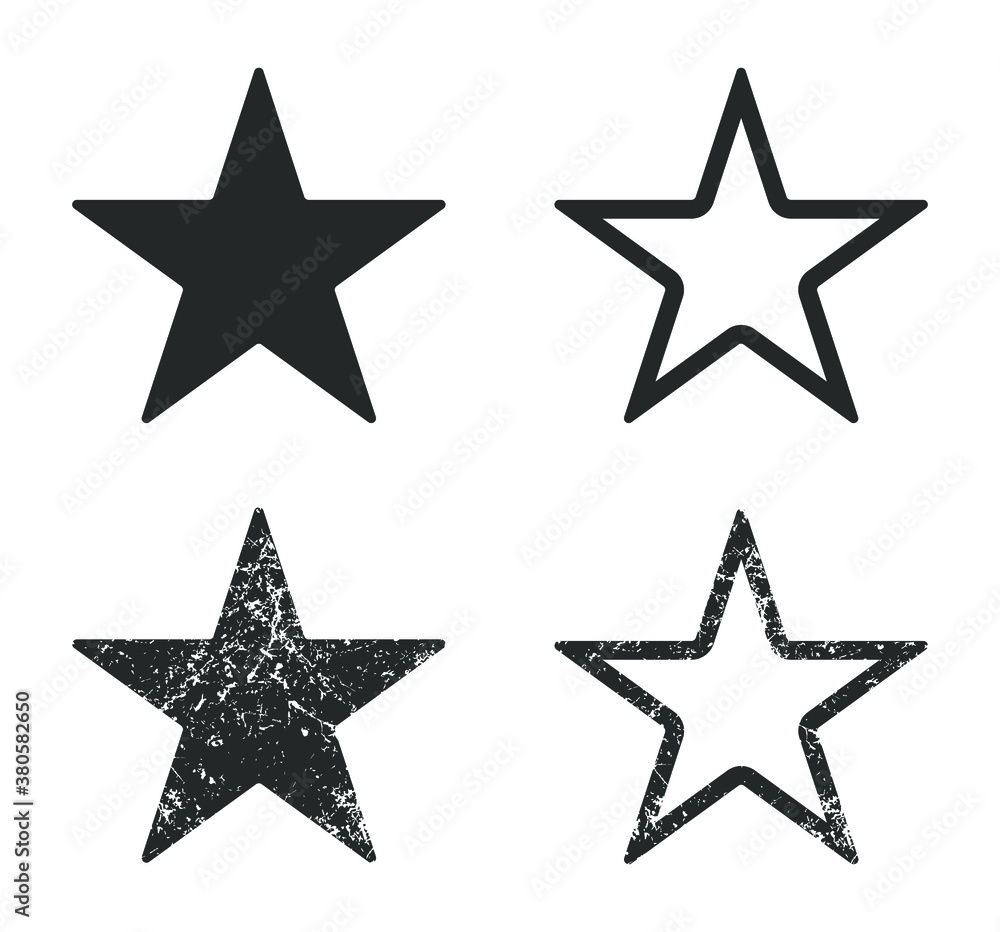 Star shape icon. Vector illustration image. Rating and review symbol with grunge texture. Decoration and advertising sign. Scratch tag and label. Black silhouette isolated on white background. Star shape icon. Vector illustration image. Rating and review symbol with grunge texture. Decoration and advertising sign. Scratch tag and label. Black silhouette isolated on white background.