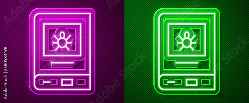 Glowing neon line Book about insect icon isolated on purple and green background. Vector.