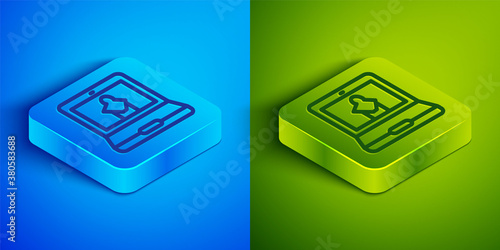 Isometric line Online museum icon isolated on blue and green background. Museum gallery. Square button. Vector.