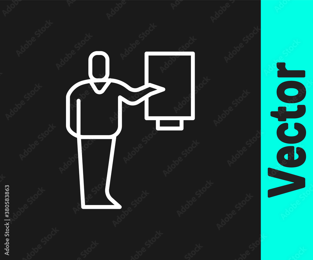 White line Museum guide icon isolated on black background. Vector. White line Museum guide icon isolated on black background. Vector.