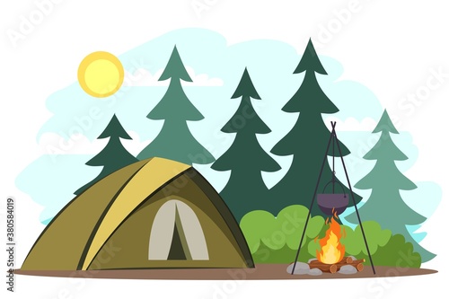Traveling and camping background. Tent and campfire with boiling bot in forest. Tourist outdoor scene vector illustration. Sunny beautiful day  scenic horizontal panorama