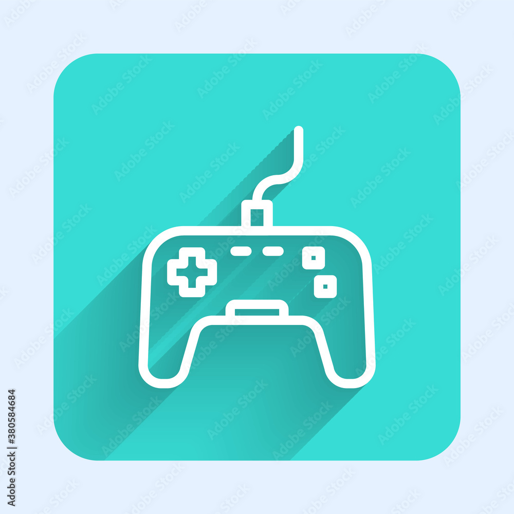 White line Gamepad icon isolated with long shadow. Game controller. Green square button. Vector. White line Gamepad icon isolated with long shadow. Game controller. Green square button. Vector.