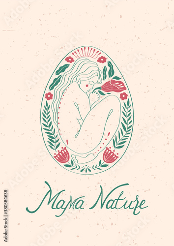 An abstract allegory of nature. A girl in a fetal position surrounded by flowers and herbs. Contour vector hand-drawn illustration. Can be used as a logo in a cosmetic brand
