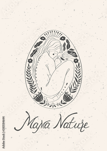 An abstract allegory of nature. A girl in a fetal position surrounded by flowers and herbs. Contour vector hand-drawn illustration. Can be used as a logo in a cosmetic brand