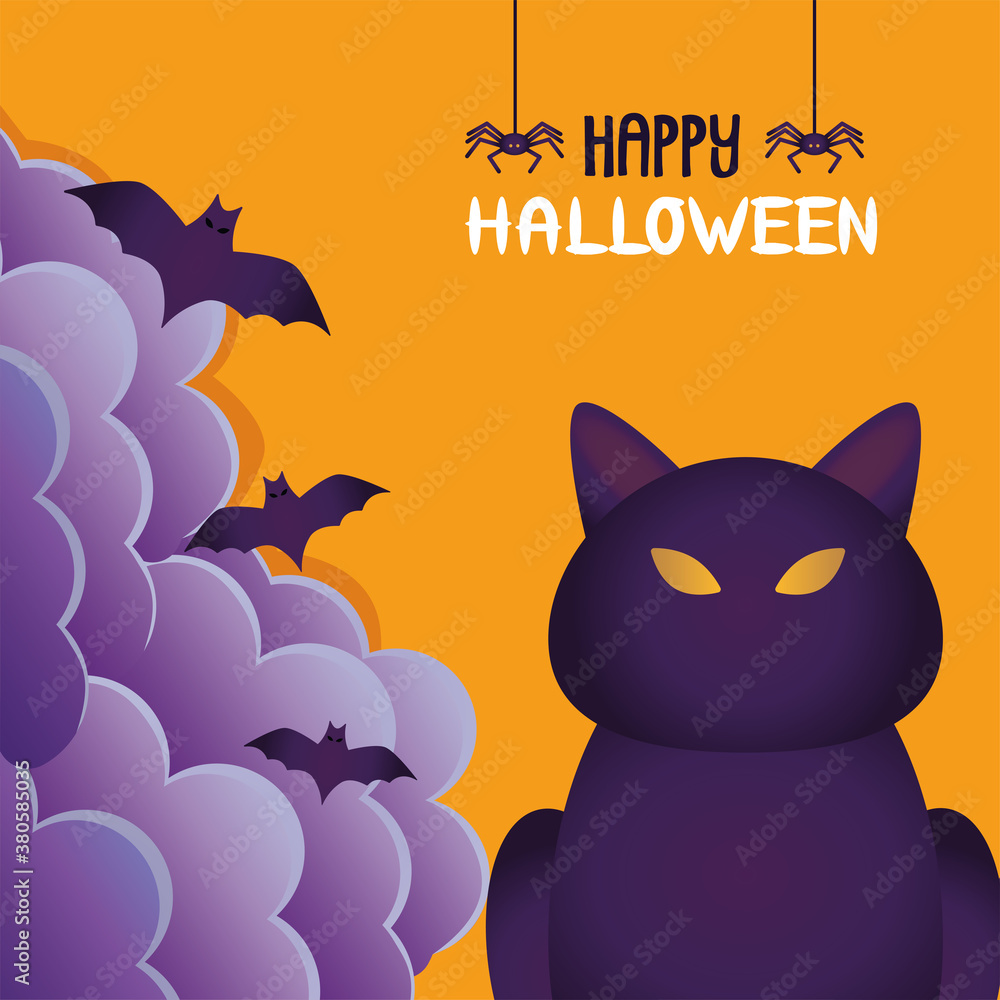 halloween cat black and bats flying scene halloween cat black and bats flying scene